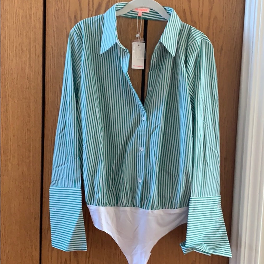 Green stripped back cutout ruffled body suit.